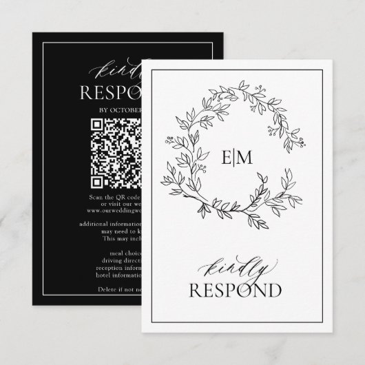 Modern Black White Monogram Wedding QR Code RSVP  Kaartje (Voorkant / Achterkant)