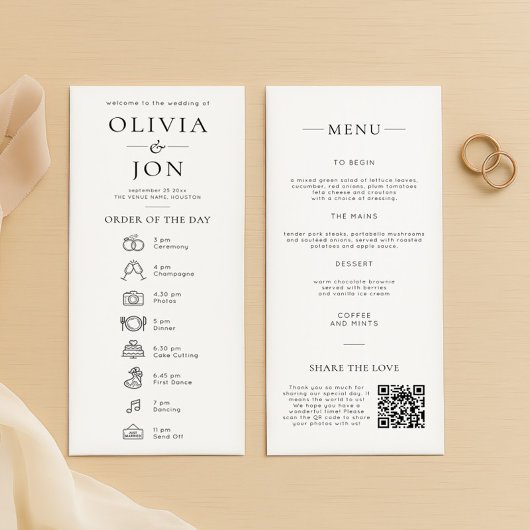 Modern Black White Order of Day and Menu Wedding