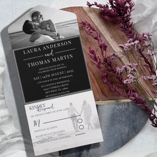 Modern Black & White Photo Wedding All In One Uitnodiging