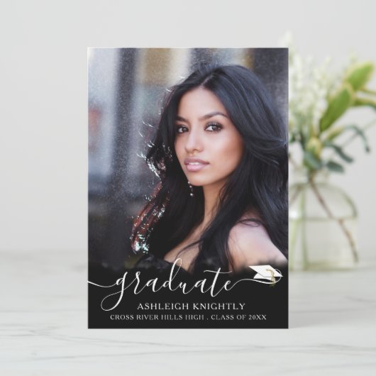 Modern Black White Script 4 Photo Afstuderen Aankondiging (Staand voorkant)