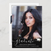 Modern Black White Script 4 Photo Afstuderen Aankondiging (Voorkant / Achterkant)