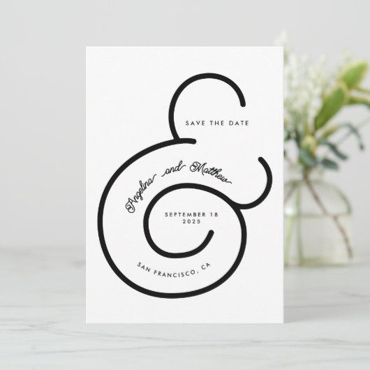 Modern Black White Script Big Ampersand Wedding Save The Date (Staand voorkant)