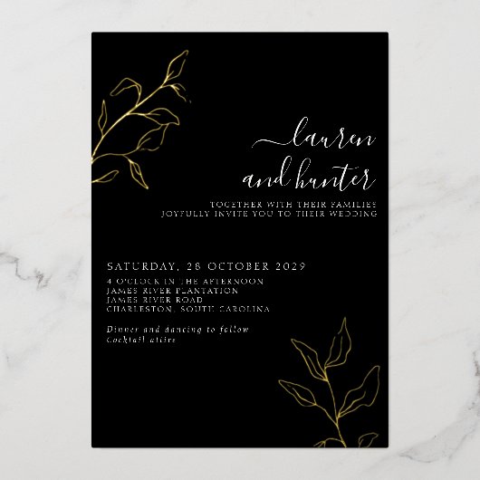 Modern Black White Script Botanical Weddenschap Go Folie Uitnodiging (Voorkant)