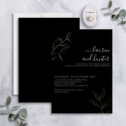 Modern Black White Script Botanical Weddenschap Go Folie Uitnodiging