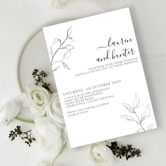 Modern Black White Script Botanical Wedding Kaart