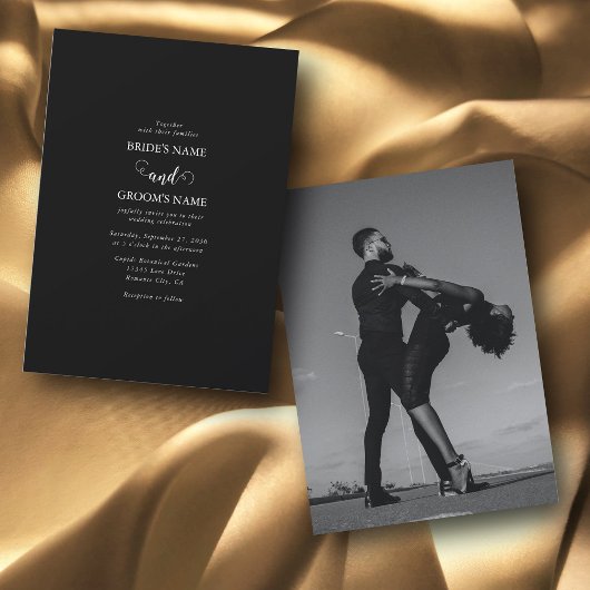 Modern Black & White Script Couple Photo Wedding Kaart