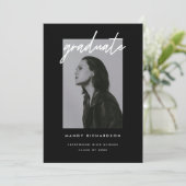 Modern Black White Script Photo Graduation Party Kaart (Staand voorkant)