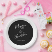 Modern Black White Script Stripe Weddenschap Papieren Bordje (Feest)