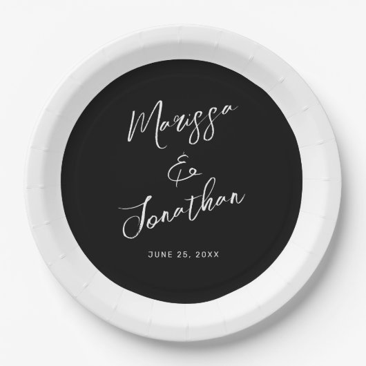 Modern Black White Script Stripe Weddenschap Papieren Bordje (Voorkant)