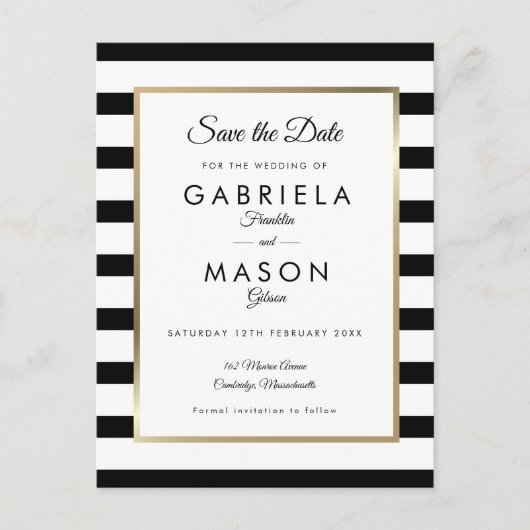 Modern Black White Stripe Wedding Save the Date Briefkaart (Voorkant)