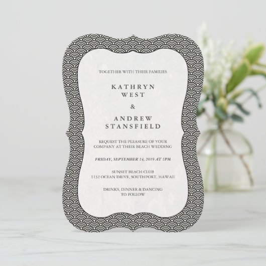 Modern Black+White Wave Pattern Weddenschap Kaart (Staand voorkant)