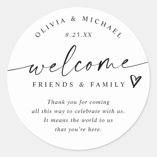 Modern Black & White Wedding Welcome Hotel Bag Ronde Sticker (Voorkant)