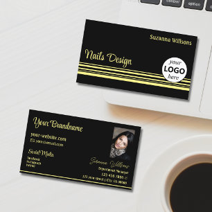 Modern Black Yellow Stripes met Logo en foto Visitekaartje