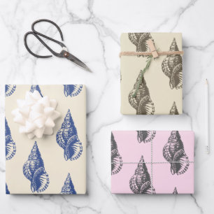 Modern blauw beige roze zeeschelp inpakpapier vel
