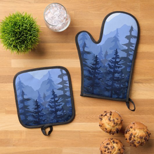 Modern Blauw Bergbos Ovenwant & Pannenlap Set (Top down)