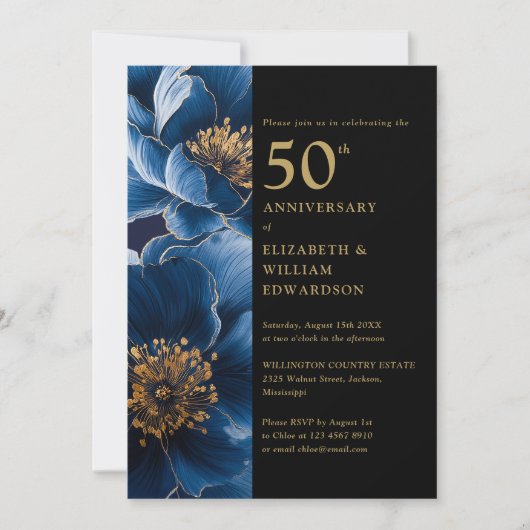 Modern Blauw Bloemen Zwart en Goud 50e Jubileum Kaart (Voorkant)