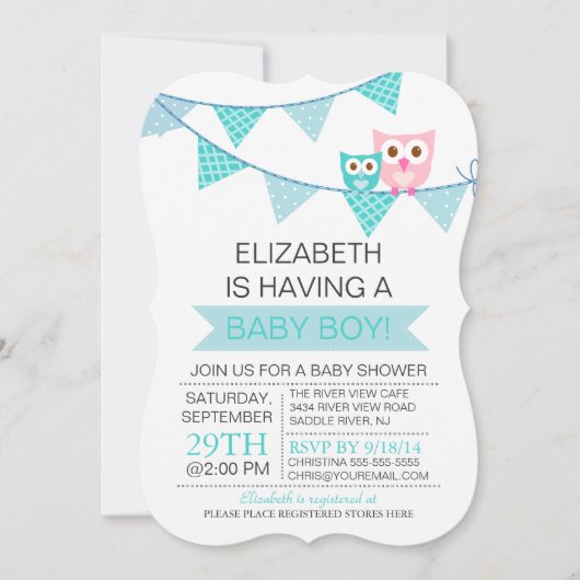 Modern Blauw Bunting Pennant Uil Boy Baby shower Kaart (Voorkant)