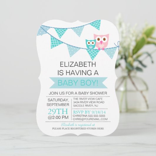 Modern Blauw Bunting Pennant Uil Boy Baby shower Kaart (Staand voorkant)