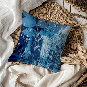 Modern blauw cyanotype botanisch blad kussen
