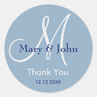 Modern blauw dank u Monogram bruiloft gunst Ronde Sticker