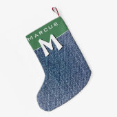 Modern Blauw Denim Jeans Monogram Naam Kinder Kleine Kerstsok (Achterkant (Hangend))