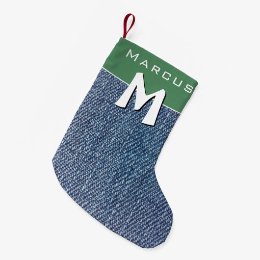 Modern Blauw Denim Jeans Monogram Naam Kinder Kleine Kerstsok (Voorkant (Hangend))