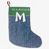 Modern Blauw Denim Jeans Monogram Naam Kinder Kleine Kerstsok (Voorkant)