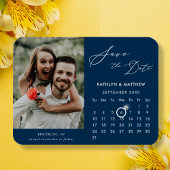 Modern Blauw Elegant Script Photo Save the Date Magneet
