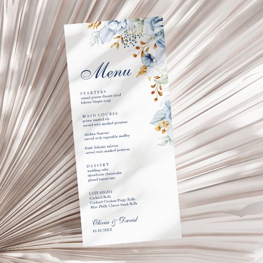 Modern Blauw en Goud Bloemen Wedding Menu Kaart