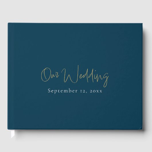 Modern blauw en goud script, minimalistische bruil gastenboek (Voorkant)