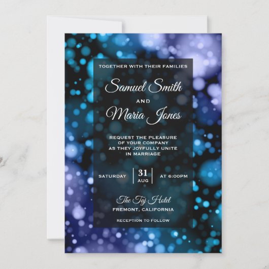 Modern blauw en Paarse Bokeh bruiloft uitnodiging (Voorkant)