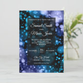 Modern blauw en Paarse Bokeh bruiloft uitnodiging (Staand voorkant)