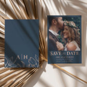 Modern blauw en Roos goud Save the Date