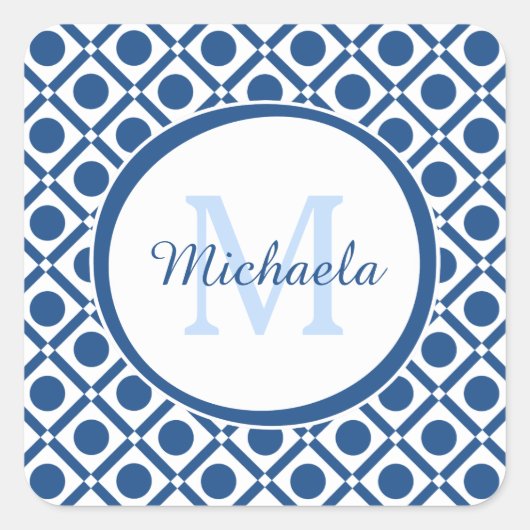 Modern blauw en wit geometrisch monogram met naam vierkante sticker (Voorkant)