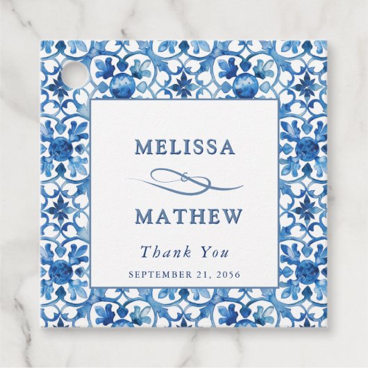 Modern blauw en wit Mediterraan huwelijk Bedankjes Labels (Voorkant)