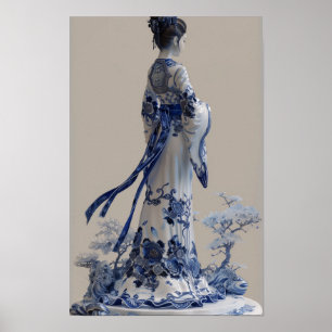 Modern blauw en wit porselein 3D Design Poster