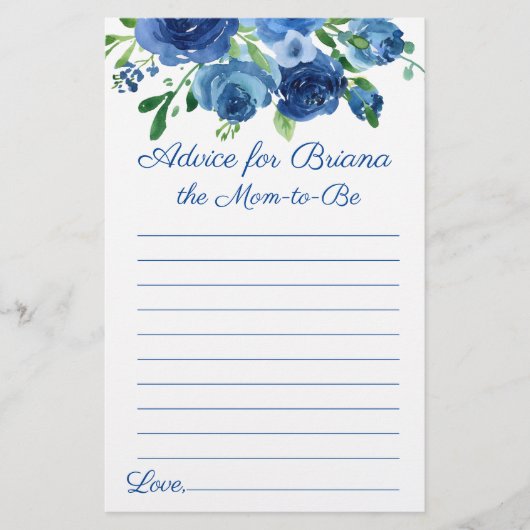 Modern blauw floraal advies Baby shower spel (Voorkant)