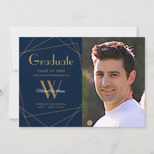 Modern Blauw Foto Monogram Geometrisch Afstuderen Aankondiging (Voorkant)