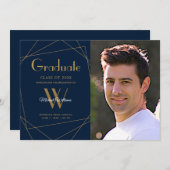 Modern Blauw Foto Monogram Geometrisch Afstuderen Aankondiging (Voorkant / Achterkant)