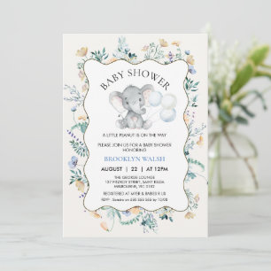 Modern Blauw Geel Bloemen Olifant Baby shower Kaart