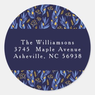 Modern Blauw Geel Chanoeka Bloemen Retouradres Ronde Sticker