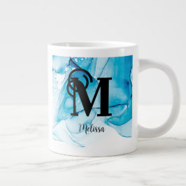 Modern blauw gemarmerd monogram extra grote beker