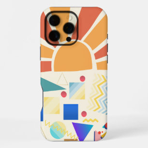 Modern blauw geometriepatroon  rode zonsondergang iPhone 16 pro max hoesje