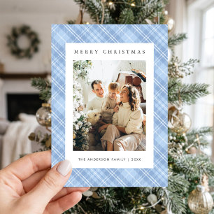 Modern Blauw Geruit Familie Foto Kerstmis Feestdagenkaart