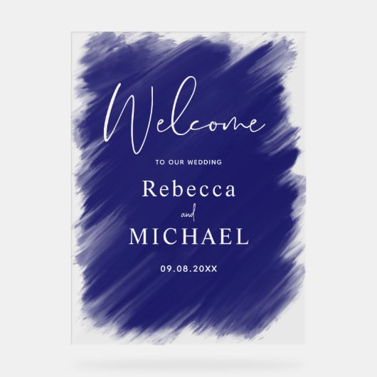 Modern blauw geschilderd monogram bruiloft welkom acryl bord (Voorkant)