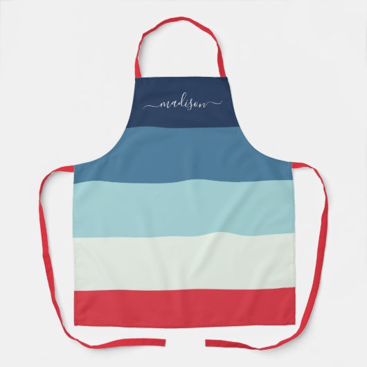 Modern blauw gestreepte scriptnaam apron schort (Voorkant)