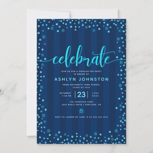 Modern blauw glitter script chic girly afstuderen kaart (Voorkant)