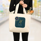 Modern Blauw Goud Bloemen Naam en Monogram Canvas  Grote Tote Bag