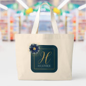 Modern Blauw Goud Bloemen Naam en Monogram Canvas  Grote Tote Bag