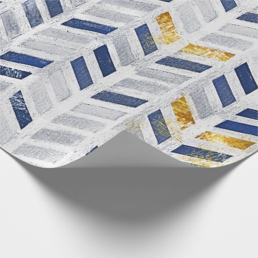 Modern blauw goud chevron artistiek schilderij cadeaupapier (Hoek)